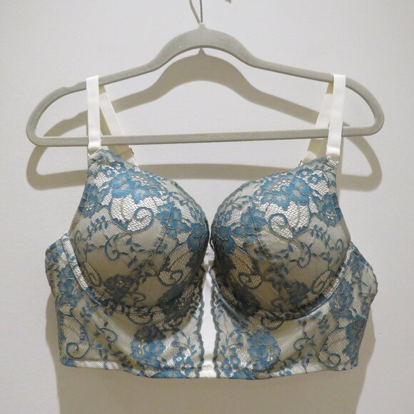 TORRID Plunge Push Up Bra Bustier in White Teal Lace Romantic - Size 40C - Picture 3 of 13